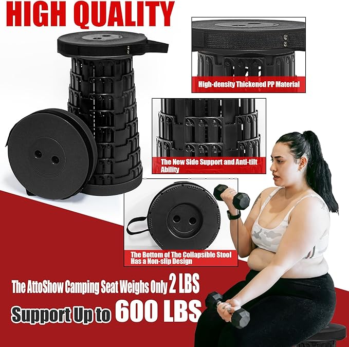 2025 2PCS Upgraded Collapsible Stool Thickened Set Portable Stool Folding Stools Foldable Chair for Camping Fishing Hiking BBQ and Outdoor Activities - Max 500lbs (Black)