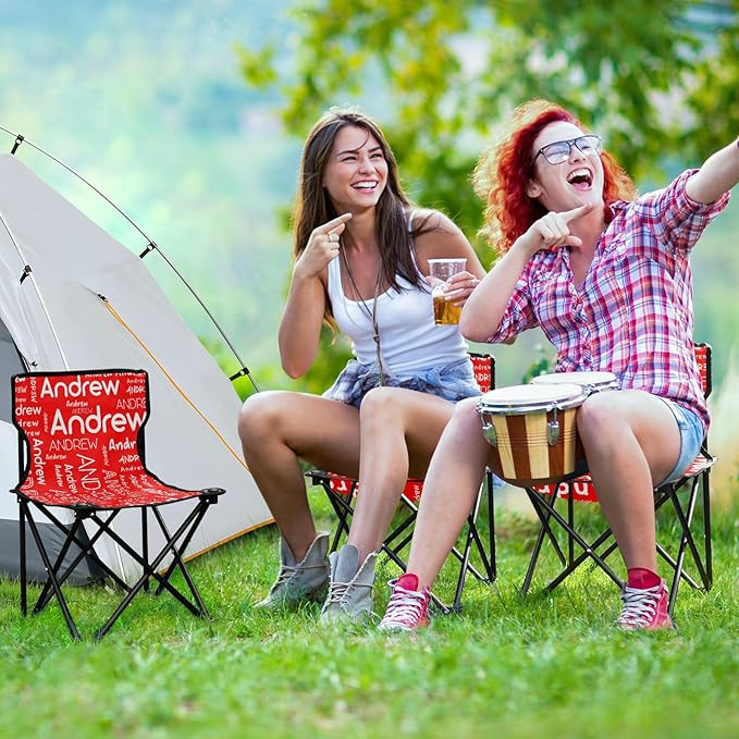Sinestour Red Custom Folding Camping Chair for Teen Child Personalized Name 14.6×14.6in Portable Outdoor Chair with Carry Bag for Outside Picnic Lawn