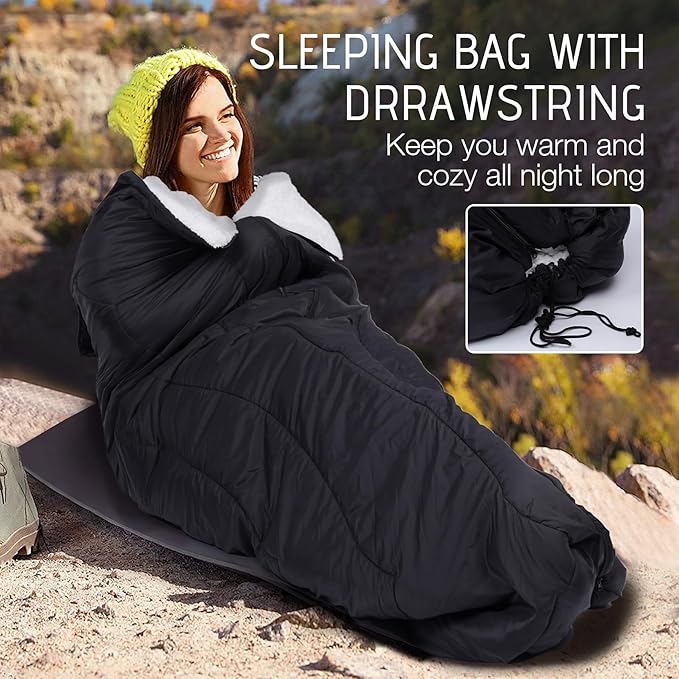 REDCAMP 4-in-1 Wearable Camping Poncho Blanket Waterproof Windproof Warm Outdoor Blanket with Hood &amp Pocket Lightweight Portable for Hiking Stadium Travel Black