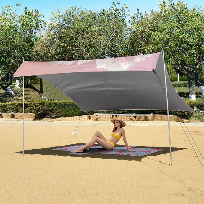 ALAZA Pink Rose Flowers Beach Tent Sun Shelter UPF50+ Protection Beach Shade Canopy w/ 4 Sandbags for Outdoor Camping Fishing Backyard Fun Picnic 10x9 ft
