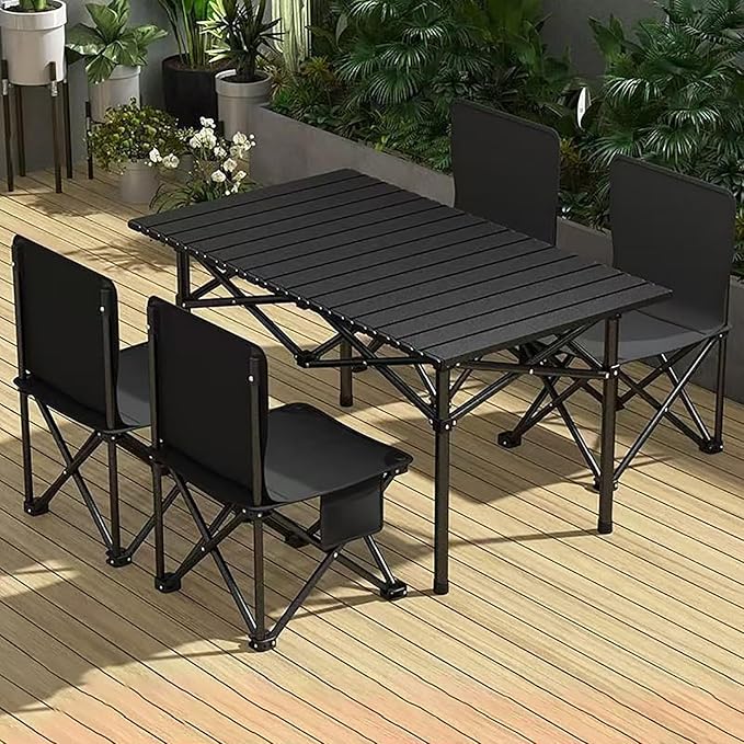 5-Piece Camping Table and Chair Set – Portable Table and Foldable Chairs with Storage Bags Portable and Lightweight - Camping Chair with Table SetBlack