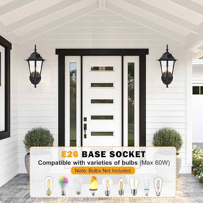 Outdoor Wall Lantern Wall Sconce as Porch Lighting Fixture E26 Base 60W Max Aluminum Housing Plus Glass Wet Location Rated Bulbs not Included Matte Black 2 Pack