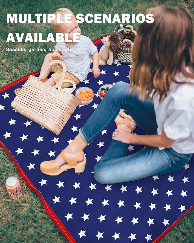Beach Blanket Waterproof Sandproof Independence Day July 4th Extra Large 108X84 Picnic Blanket Beach Mat Lightweight Durable Camping Blanket with 4 Stakes for Beach Travel Patriotic American Flag