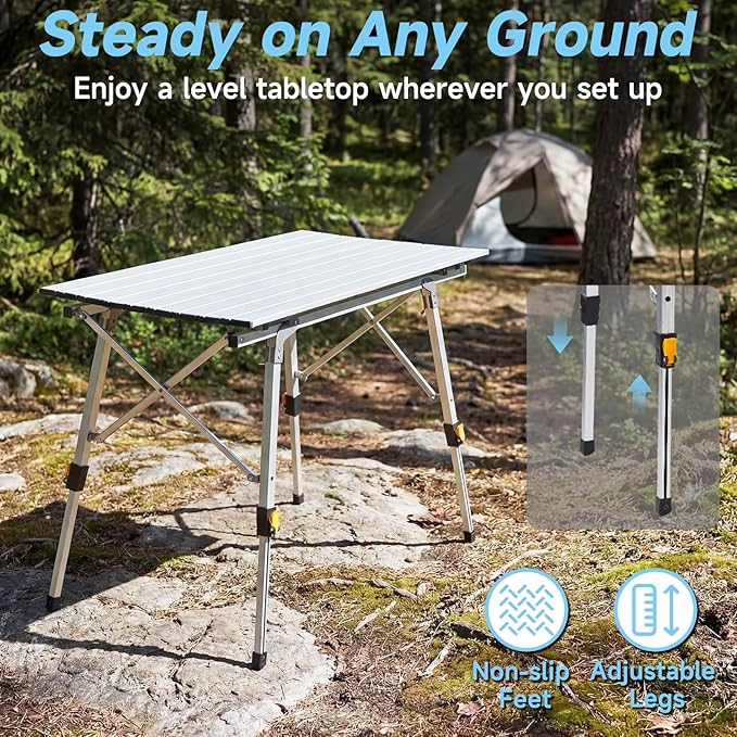Camping Table Portable Foldable with Adjustable Legs Aluminum Roll Up Table with Large Mesh Storage Layer &amp Carrying Bag Lightweight Outdoor Picnic Table for Camping Beach BBQ Backyard