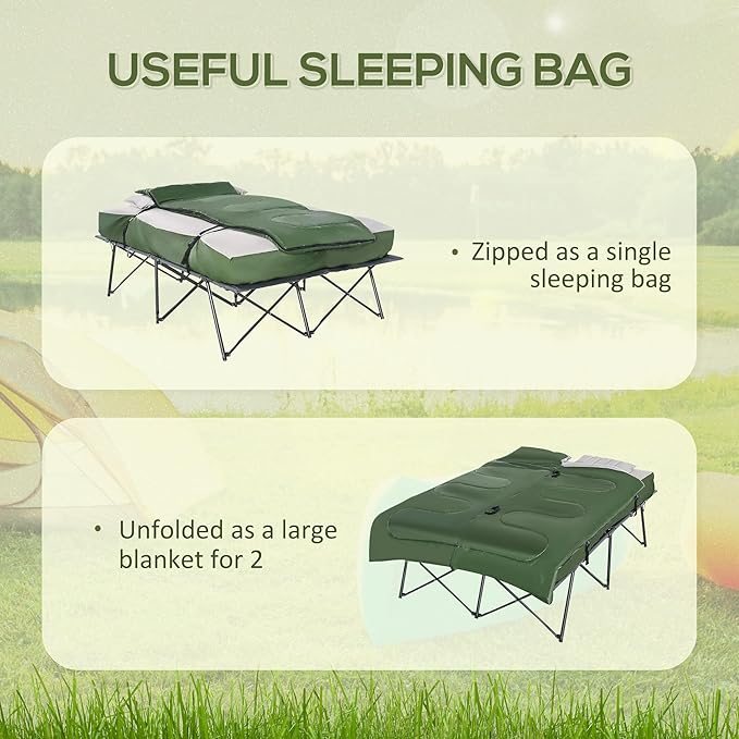 Outsunny 2-Person Folding Camping Cot Portable Outdoor Bed Set with Sleeping Bag Inflatable Air Mattress Comfort Pillows and Carry Bag Soft and Comfortable for Outdoor Travel Camp Beach Vacation