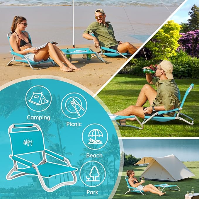 #WEJOY 2-in-1 Beach Chairs &amp Table Set Lightweight &amp Folding Backpack Beach Chairs for Outdoor Beach Lawn Camping Picnic Cyan