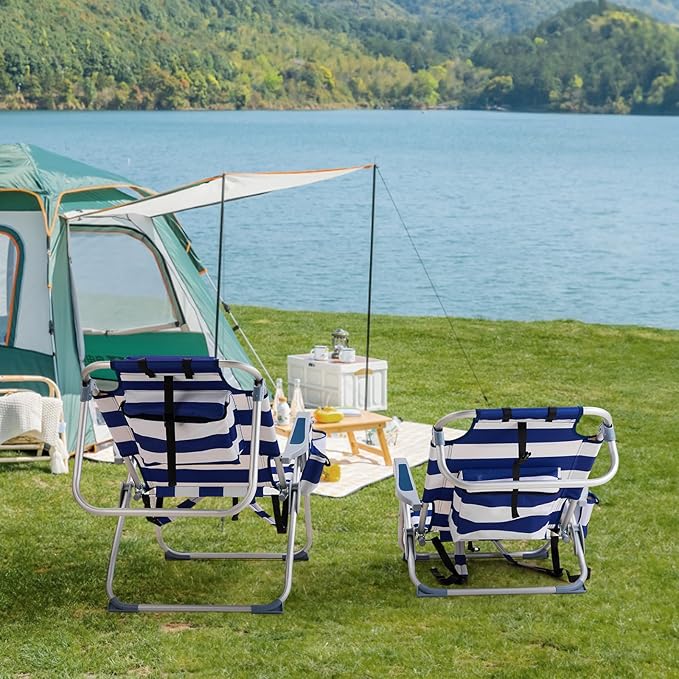Folding Beach Chair Oxford Cloth Beach/Outdoor Picnic Camping Game Adjustable Lightweight Space Saving Blue White