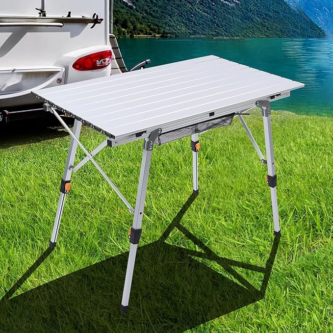 Folding Outdoor Camping Table with Adjustable Legs Lightweight Aluminum Roll Up Camp Table with Carrying Bag Mesh Storage Organizer for Cooking Picnic Beach Backyards BBQ Party