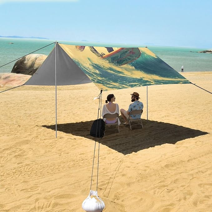 Dinosaur on Surfboard Beach Tent Sun Shelter 9.2' x 10.5' Beach Canopy with 4 Sandbags 4 Stability Poles Sand Shovels - Tent Canopy for Beach Camping Fishing Picnics