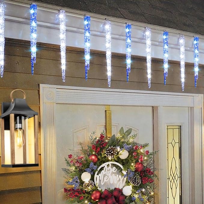 Blue and White Icicle Lights for Outside Christmas Lights Outdoor with 20 Large Tubes 29FT 8 Modes with Timer Connectable Meteor Shower Light for Eave Roofline Tree Decoration