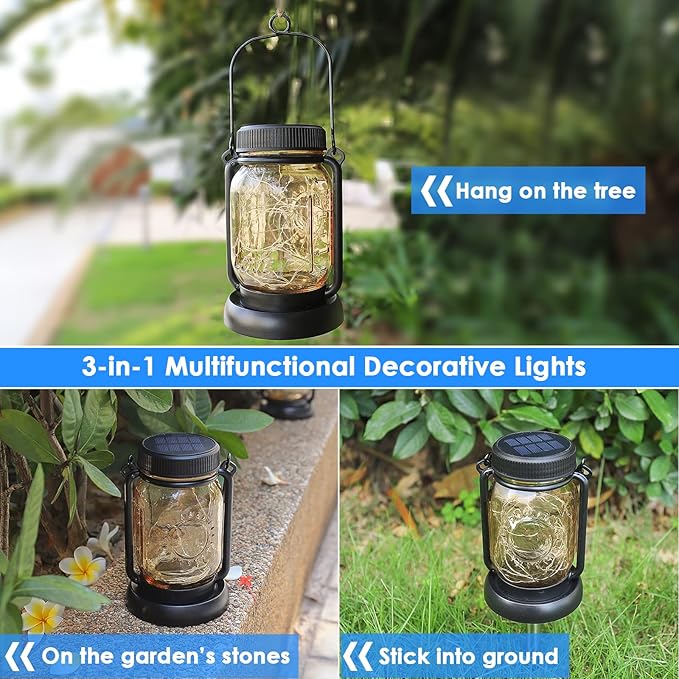 Mlambert Cool White 4 Pack Solar Hanging Mason Jar Lights with Stakes Waterproof Decorative 30 LEDs Outdoor Solar Lantern Lamp Patio Garden Tree Yard