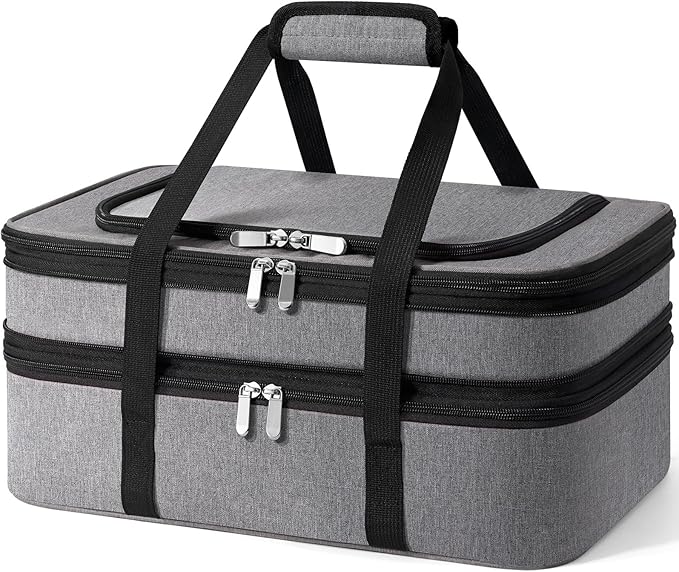 Double Insulated Casserole Carrier - Portable Casserole Carriers for Hot or Cold Food Lunch Tote Warmer or Cooler Bag for Potluck Parties Picnic Cookouts Fits 9 x 13 Baking Dish - Grey