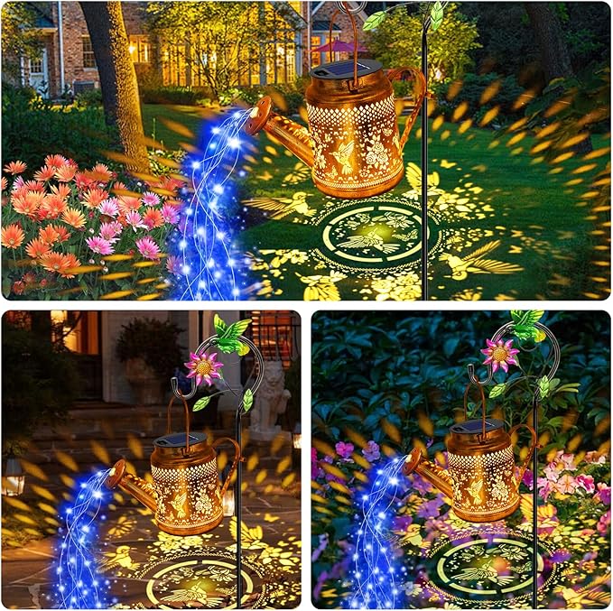 Solar Lights Outdoor Garden Decor Hummingbird Hanging Watering Can Landscape Lights Waterproof Outside Decorations for Yard Front Porch Patio Backyard Gardening Gift for Mom Grandma Women Birthday