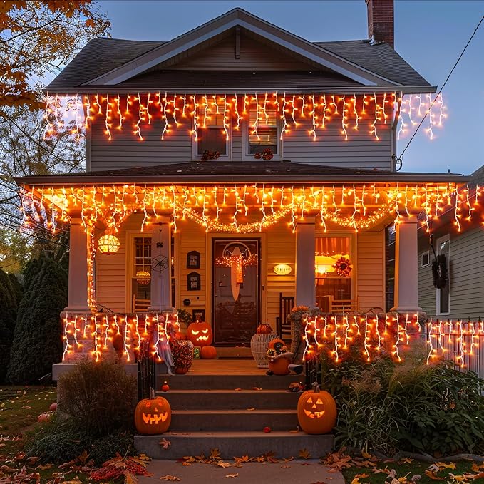 JMEXSUSS Orange Thanksgiving Lights Outdoor 38.8 FT 400 LED Orange Icicle Lights Outdoor Waterproof 8 Modes String Light Plug in for Fireplace Tree Garden Patio Thanksgiving Fall Halloween Decor