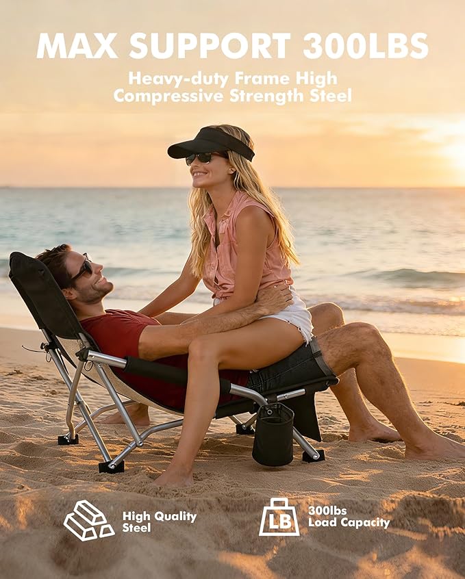 AKSOUL Folding Beach Chair for Adults: Low/High Back Chairs with Carry Bag - Extra Wide Seat Chair with Comfortable Pillow &amp Storage Pocket (1 Pack &amp 2 Pack Blue)