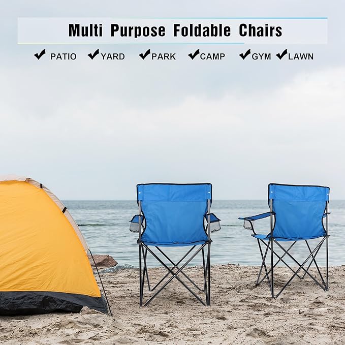 HaSteeL Foldable Camping Chair Set of 2 Folding Camp Chairs &amp Carrying Bags for Adults Portable for Lawn Outdoors Fishing Hiking Travel Picnic Beach Oversized &amp Supports 275lbs (Blue)