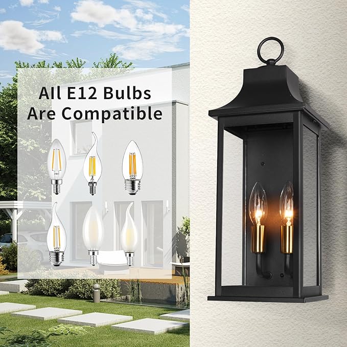 JYZ 18 Outdoor Wall Light Lantern 2-Light Exterior Wall Sconce with Gold Socket &amp Clear Glass Anti-Rust Matte Black Outside Lighting Fixture for Front Door Porch Garage E12 Base