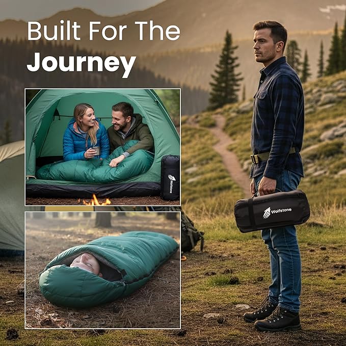 Wolfstone Sleeping Bags for Adults - 3 Season Sleeping Bags with Lightweight Compression Sack for Hiking &amp Camping - Anti-Snag Zipper Tear-Resistant Shell &amp Breathable Lining in Black Blue o