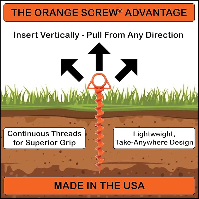 Orange Screw Ultimate Ground Anchors: Heavy Duty Screw-in Tent Stakes for High Wind Sand Canopies and Camping - Made in USA 100% Recycled Included T-Grip Tool - (Large 2 Pack)
