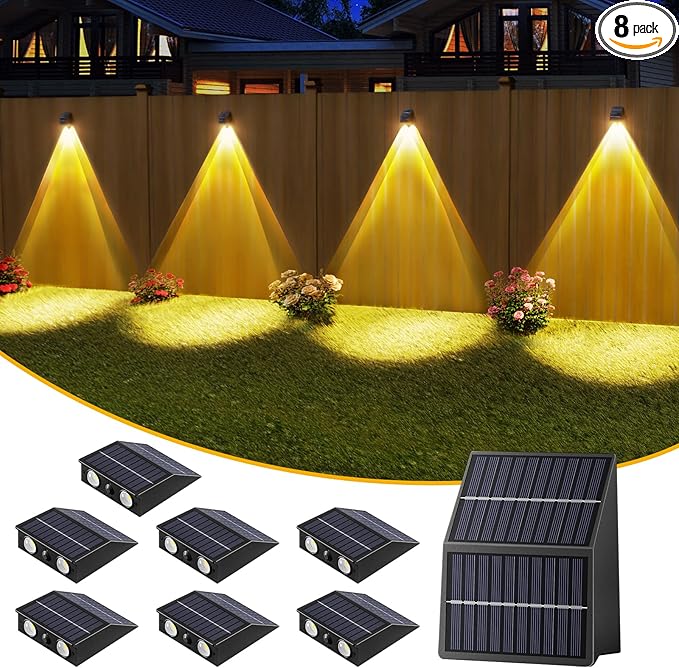High Brightness Solar Fence Lights Outdoor Larger Size Solar Lights with Dual Solar Panels Waterproof Fence Lights Solar Powered for Stair Step Yard Patio Wall (8 Pack)