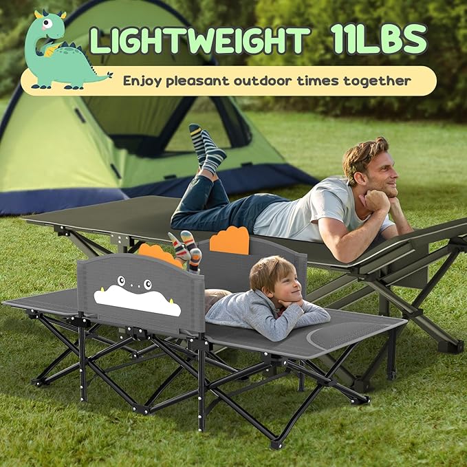 Slendor Toddle Cot Toddler Portable Bed w/Cartoon Handrail Blanket (5ft x 4ft) Folding Toddler Cots for Camping Travel Bed Extra Long Cot Length 56 Support 330 Lbs Gray