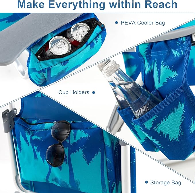 GYMAX Beach Chairs Backpack Camping Chair with Armrest Cooler Bag Cup Holder Towel Bar &amp Side Pockets Sunbath Sling Tanning Lounge Folding Layout Chair (with Table Coconut Tree)