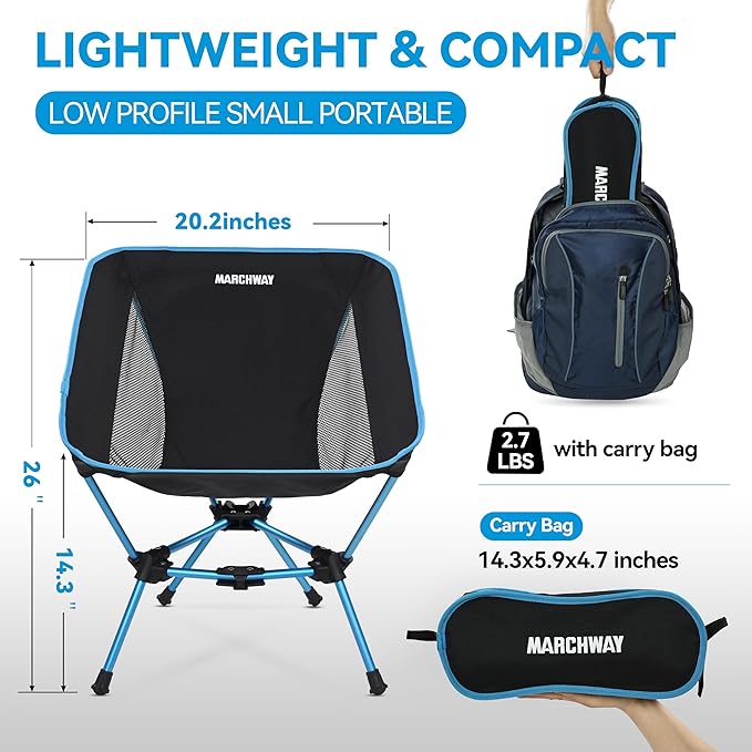 MARCHWAY Lightweight Folding Camping Chair Portable Foldable Compact for Outdoor Camp Travel Beach Picnic Festival Hiking Backpacking Supports 330Lbs (Blue)