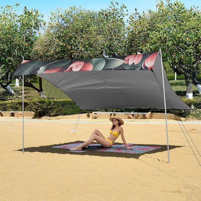 Beach Tent Sun Shelter Pink Tulips Leaves Lightweight &amp Easy Setup Beach Shade Canopy for Camping Fishing