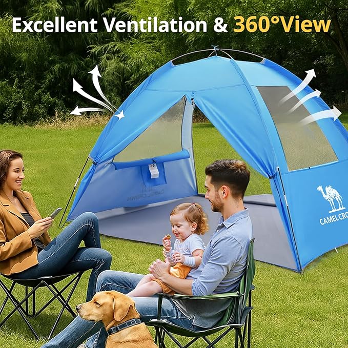 CAMEL CROWN Beach Tent UPF 50+ Sun Shelter for 2/3/5/6 Person Lightweight Portable Sun Shade with Sand Anchor Family Beach Day &amp Outdoor Adventures
