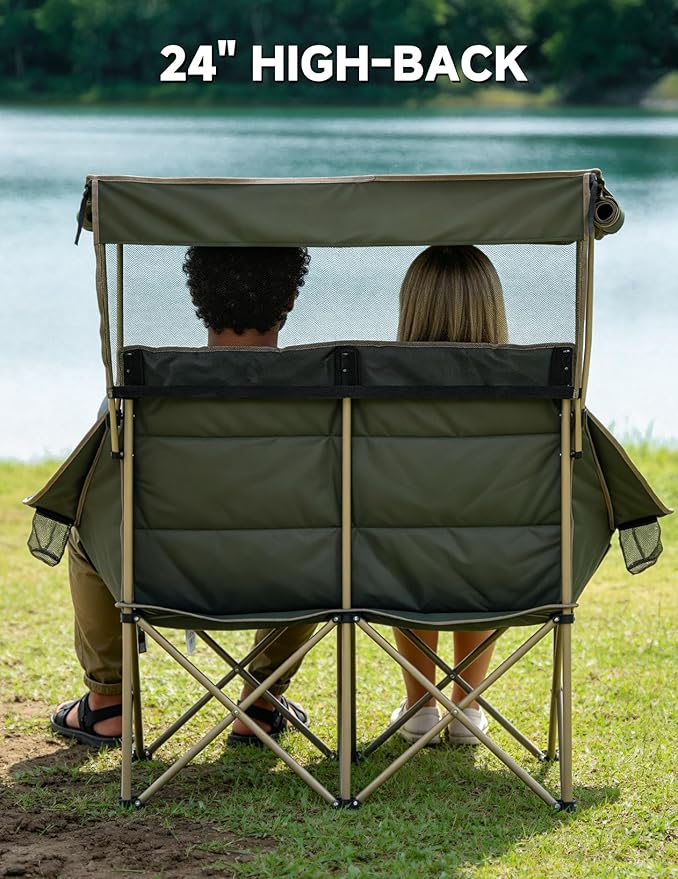 East Oak Double Camping Chair with Canopy | Padded Camping Couch with Maximum Sun Protection 14.7 lbs Lightweight 24'' High Back and 660 LBS Heavy Duty Support