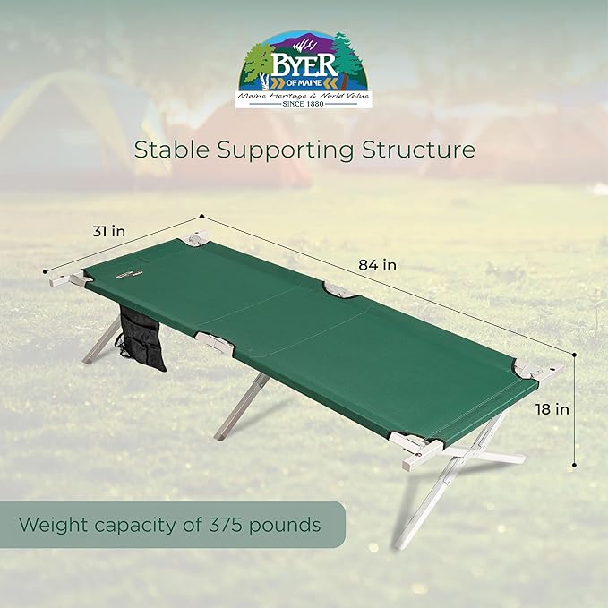 BYER OF MAINE Military Cot Folding cot Reinforced Aluminum/Steel Frame Extra Large Size Holds 375lbs