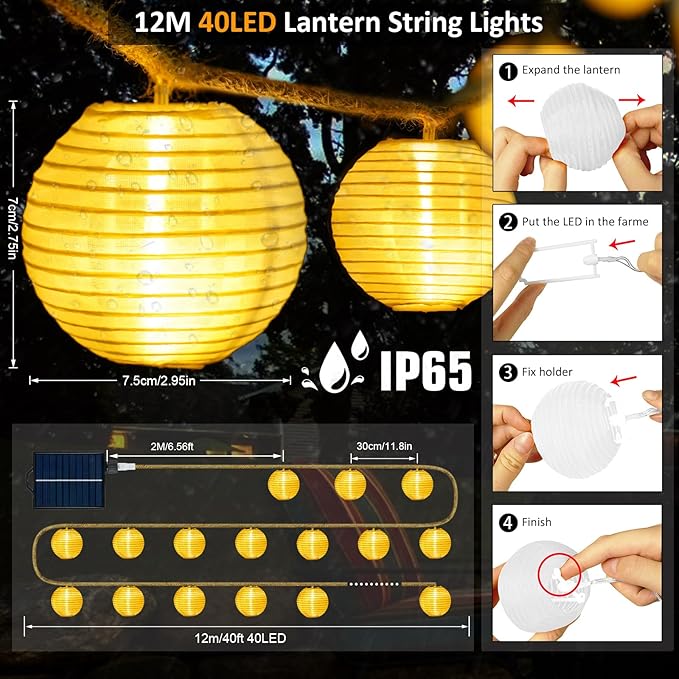 Solar Lantern String Lights Waterproof Outdoor 40ft 40Led Warm White &amp Multi-Color Garden Lights Hanging Hemp Rope Nylon Lanterns with Remote Timer for Yard Balcony Fences Porch