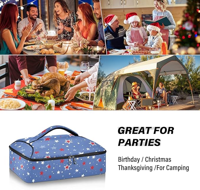 Casserole Carrier Red Blue Stars PrintInsulated Casserole Carrier for Hot or Cold Food Thermal Lunch Tote for Potluck Parties Picnic Beach Fits 9 x 13 Inches Baking Dish