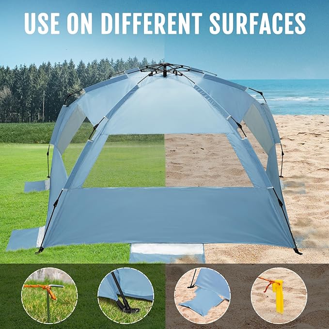 WhiteFang Deluxe Pop Up Beach Tent Sun Shade Shelter for 3-4/5-6 Person UV Protection Extendable Floor with 3 Ventilating Windows Plus Carrying Bag Stakes and Guy Lines