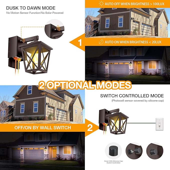 Ehaho Porch Lights with Outlet Dusk to Dawn Outdoor Light Built-in Waterproof Anti-Rust Lantern Outside Light with GFCI Outlet Wall Sconce Light with Plug for Front Door (Brown 1 PC) (Pack of 2)
