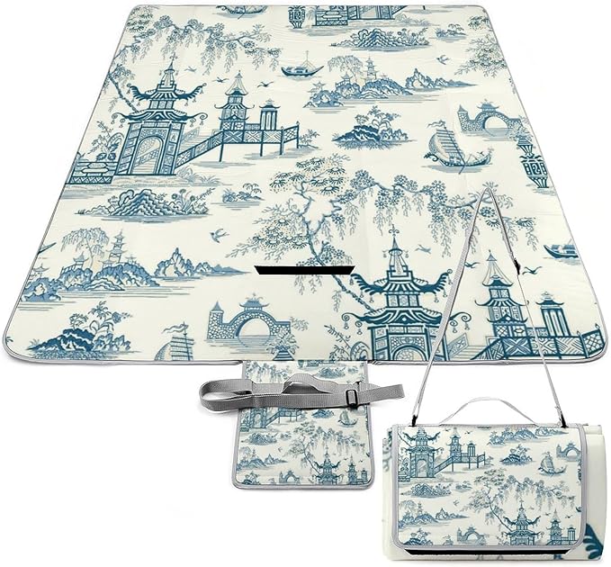 Blue and White Chinese Folk Chinoiserie Style Waterproof Outdoor Picnic Blanket Sandproof Beach Mat for Camping Hiking Grass Travelling