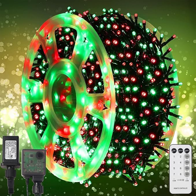 WATERGLIDE 1000 LED Christmas String Lights 328 FT Green Wire LED Decorative Fairy Lights with Remote &amp 8 Modes Waterproof for Outdoor Xmas Holiday Party Garden Wedding Home Decor Red &amp Gre