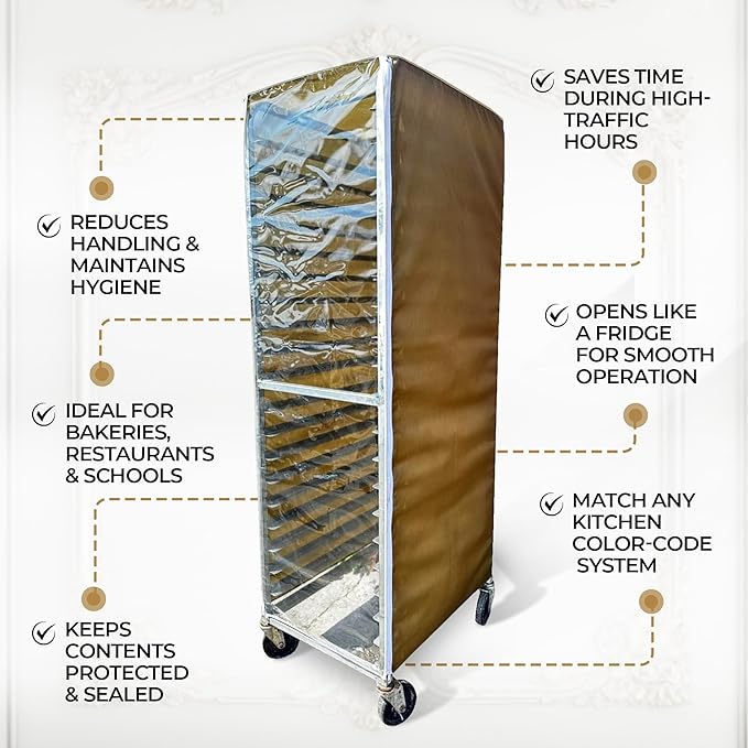 Bakery Food Pan Sheet Rack Cover – Heavy Duty PVC Vinyl Zippered Bun Pan Rack Cover – Long-lasting Use Durable Cover with 2 Zippers – Made in USA (Beige 23W x 28L x 63H)