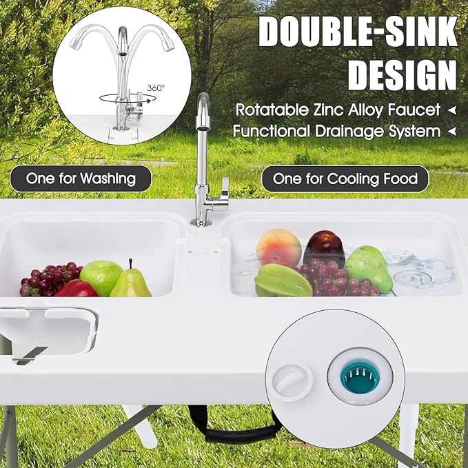 Giantex Fish Cleaning Table w/ 2 Sinks Faucet Hose Hook Up Portable Folding Camping Table w/Measure Mark Outdoor Fillet Cleaning Station for Fishing Beach Picnic (with Water Hose Holder)