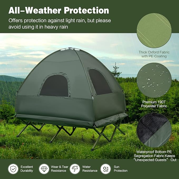 DORTALA 2-Person Tent Cot Foldable Elevated Camping Tent w/Air Mattress &amp Sleeping Bag Portable Dome Camping Tent Cot for Hiking Camping &amp Picnic