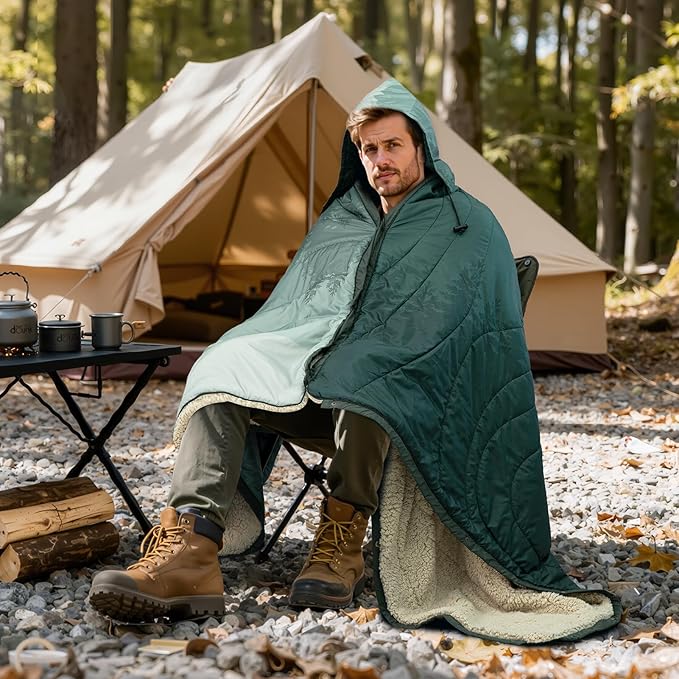 Outdoor Camping Blanket with Sherpa Lining Extra Warm Thick Camp Blankets and Puffy Ultralight Soft Poncho DWR Camping Quilt for Cold Weather Adventure Sleeping Backpacking 78x 56