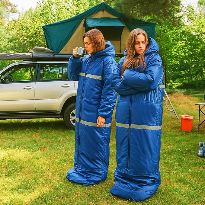 Macarrie Wearable Sleeping Bag with Dual HoodieLongsleevesPockets and Adjustable DrawstringIdeal for Camping Cold Weather Hiking BlanketShelter