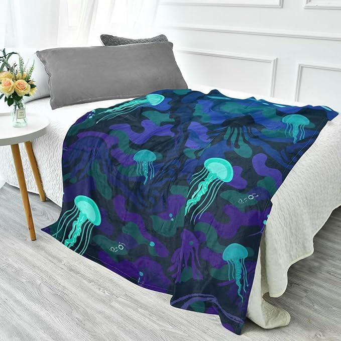 Throw Over Blanket Undersea Camouflage Black Blue Jellyfish Sofa Throws 50 x 70 Inch