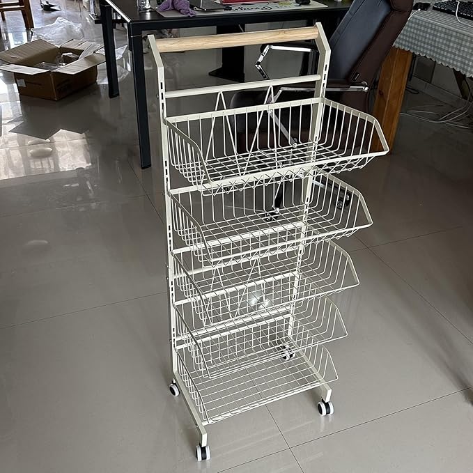 Snack Organiser 5-Tier Snack Cart Organizer with Wheels Adjustable Fruit Vegetable Basket Candy Display Metal Retail Chip Rolling Holder for Concession Stand