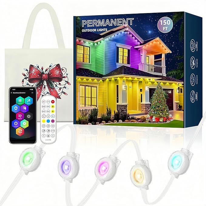 Permanent Outdoor Lights 150FT 90LEDs RGBWC+IC Smart LED Strip with 50+ Scene Modes IP68 Waterproof App &amp Remote Control for Christmas Holiday Roof and Pool Party Decor