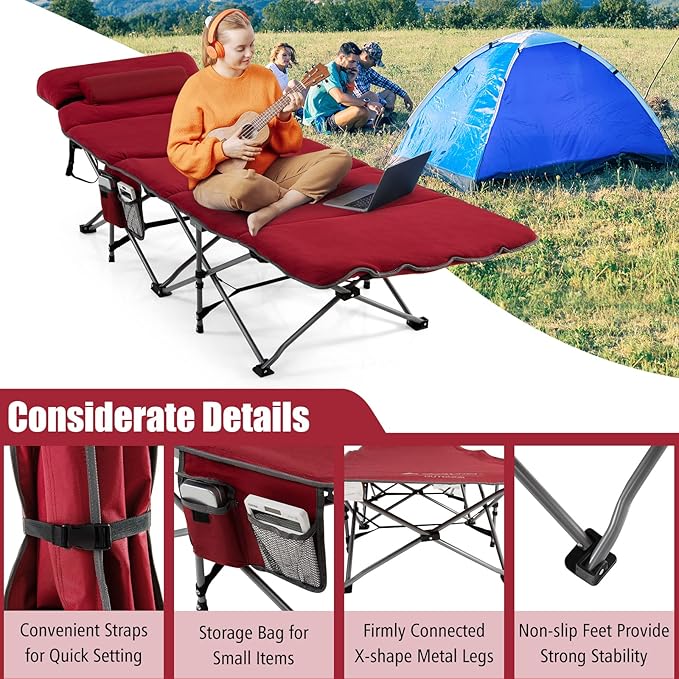 Goplus Camping Cot Folding Camping Cot with Mattress Pillow Carry Bag Storage Pocket Camping Bed Military Cot for Home Office Nap Hiking Heavy-Duty Portable Sleeping Cot for Adults Kids (Wine)