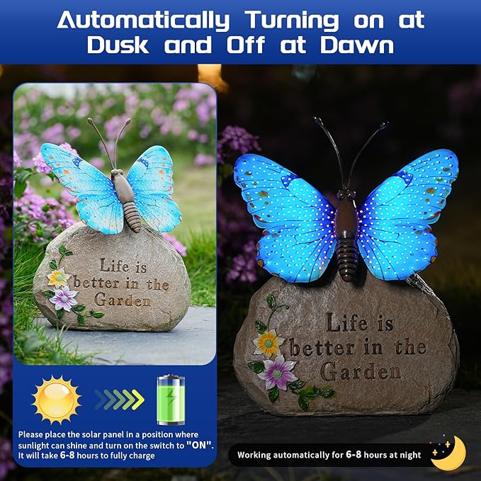 Solar LED Butterfly Garden Statue with Sparkling Light-Up Wings - Outdoor Yard Patio Decor Figurine for Women Mom Grandma (Blue)