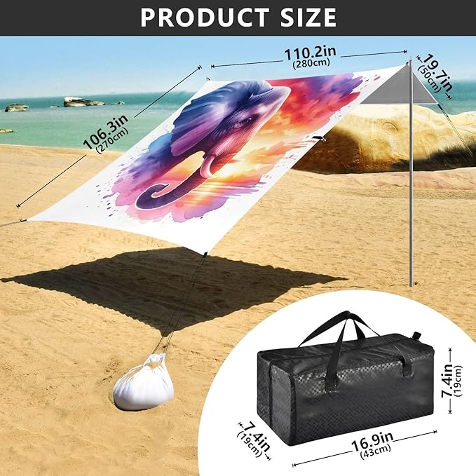 ALAZA Elephant Portrait Sunset Watercolor Beach Tent Sun Shelter UPF50+ Protection Beach Shade Canopy w/ 4 Sandbags for Outdoor Camping Fishing Backyard Fun Picnic 10x9 ft