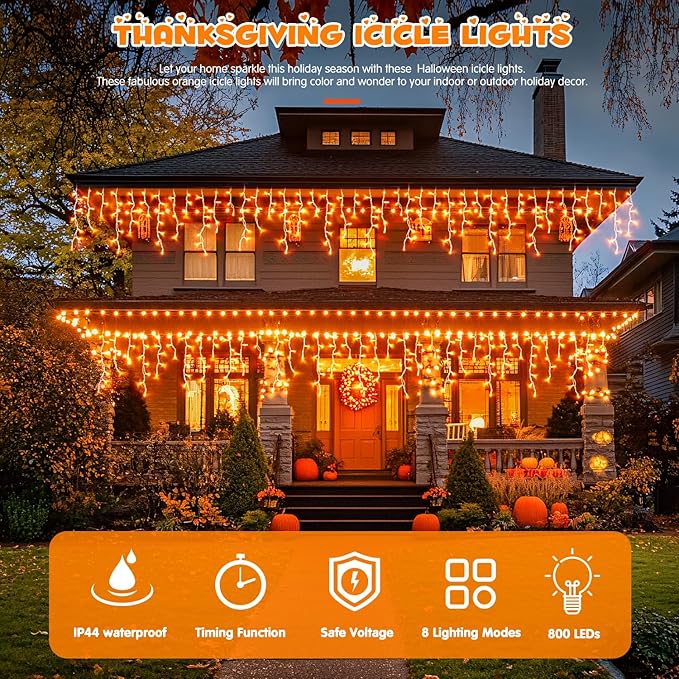 JMEXSUSS Orange Thanksgiving Lights Outdoor 38.8 FT 400 LED Orange Icicle Lights Outdoor Waterproof 8 Modes String Light Plug in for Fireplace Tree Garden Patio Thanksgiving Fall Halloween Decor