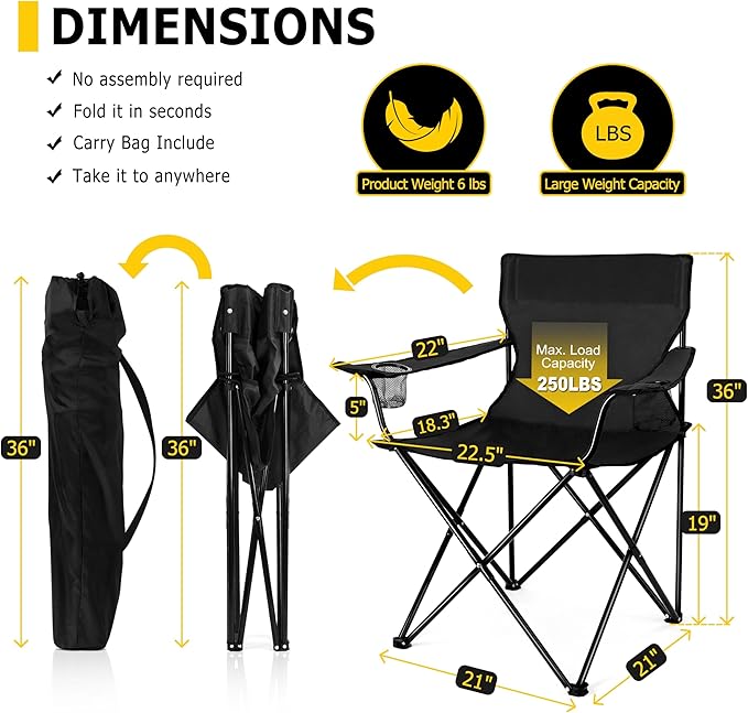 Joyfair Portable Camping Chair Outdoor Lawn Folding Chairs for Adults Heavy Duty Large Foldable Chairs for Beach Fishing Tailgating and More Outdoor Sport Carry Bag &amp Cup Holder